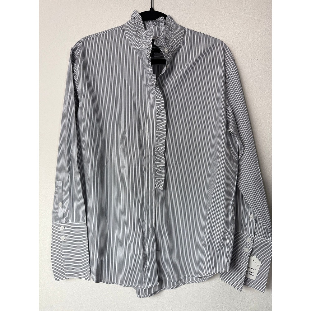 J.Crew Garcon Organic Cotton Ruffle Trim Pinstripe Shirt Blue White Size 8